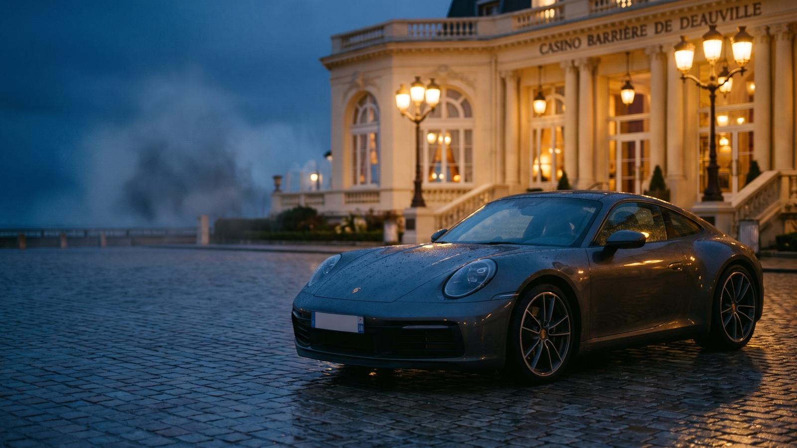 Porsche 911 fraîchement détaillée devant le Casino Barrière de Deauville, à l'heure bleue
